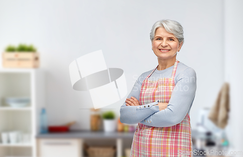 Image of portrait of smiling senior woman in kitchen apron