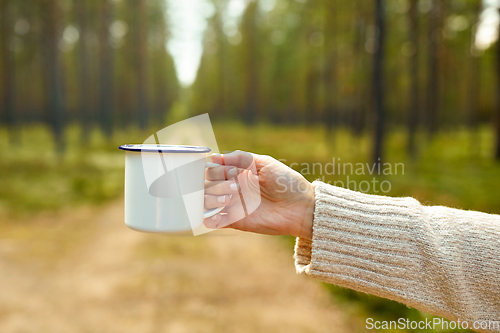 Image of hand of woman with white tea mug in forest