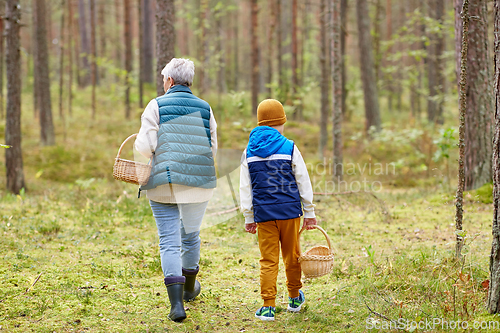 Image of grandmother and grandson with baskets in forest