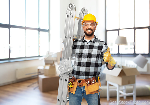 Image of happy male builder in helmet with ladder at home