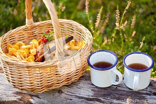 Image of mushrooms in basket and cups of tea in forest