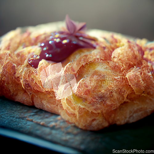Image of French croissant. Freshly baked croissant with jam on dark woode