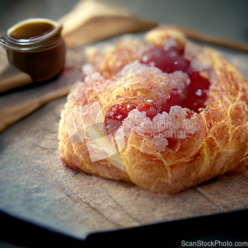 Image of French croissant. Freshly baked croissant with jam on dark woode