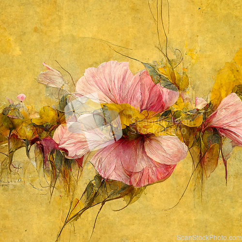 Image of Pink and yellow watercolor flower Illustration for prints, wall 