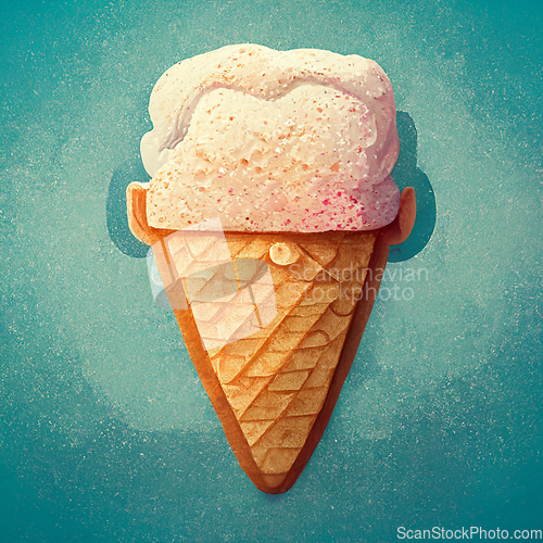 Image of Ice cream balls in the waffle cone on blue vintage background. D