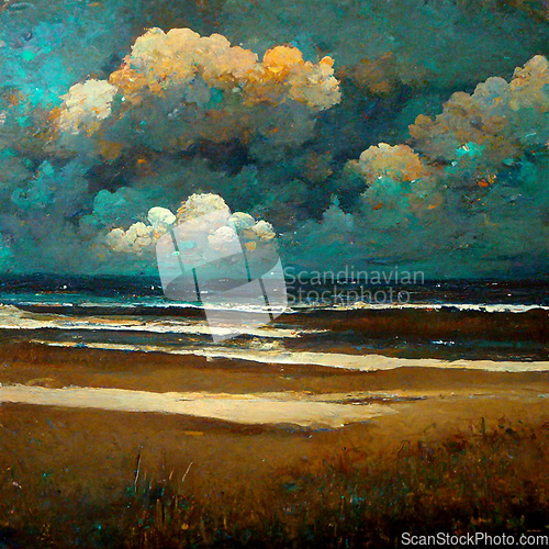 Image of Sea beach landscape. Ocean view panorama, water sand and clouds.