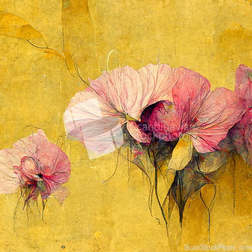 Image of Watercolor pink fantastic flowers on yellow background. 