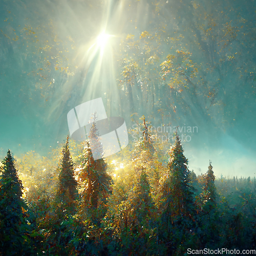 Image of Beautiful sunny morning in magic forest. Forest in the morning i