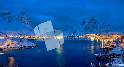 Image of Reine village at night. Lofoten islands, Norway