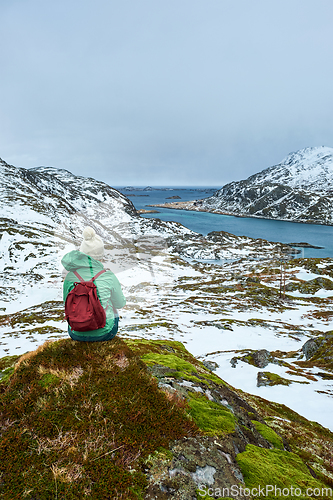 Image of Woman tourist on Lofoten islands, Norway