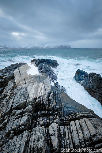 Image of Norwegian Sea waves on rocky coast of Lofoten islands, Norway