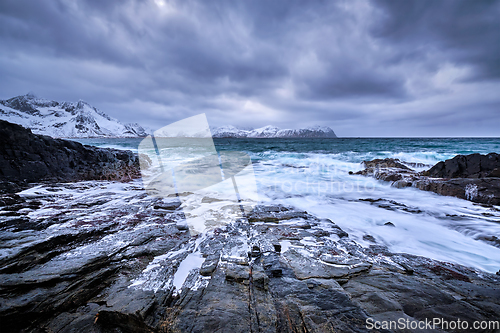 Image of Norwegian Sea waves on rocky coast of Lofoten islands, Norway