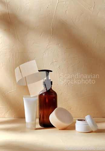 Image of shower gel, soap, moisturizer and body scrub