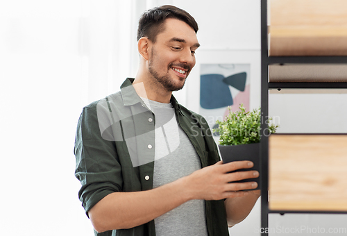 Image of man decorating home with flower or houseplant