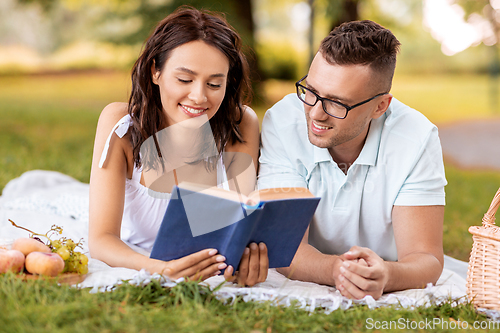 Image of happy couple reading book on picnic at summer park