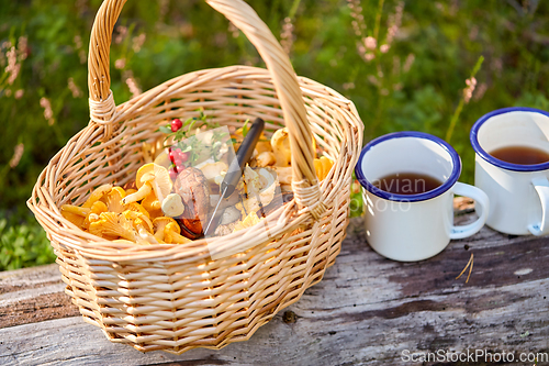 Image of mushrooms in basket and cups of tea in forest