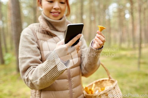 Image of asian woman using smartphone to identify mushroom