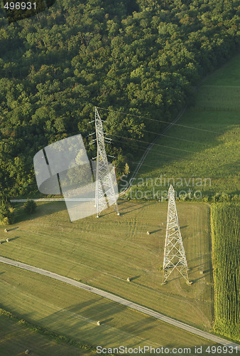 Image of Aerial view of electric pylons