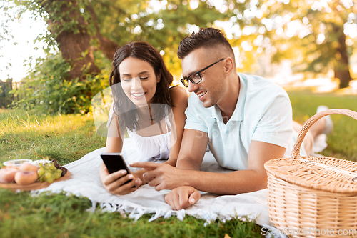 Image of happy couple with smartphone at picnic in park