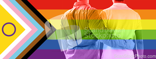 Image of close up of male gay couple over pride flag
