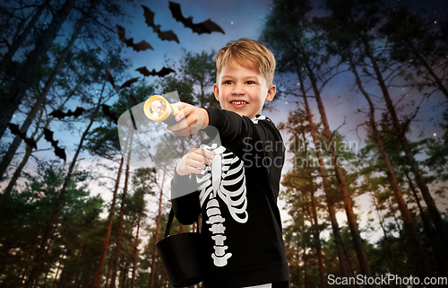 Image of boy with candies and flashlight on halloween