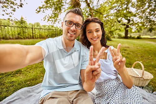 Image of happy couple taking selfie at picnic in park