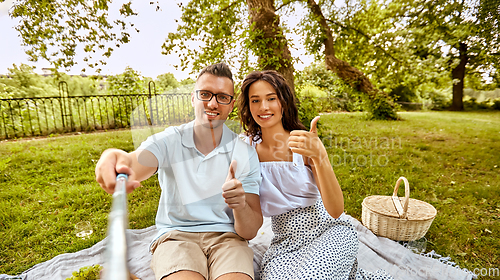 Image of happy couple taking selfie at picnic in park