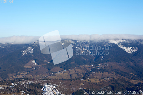 Image of Winter panorama of mountains on a sunny day. Carpathians, Ukraine