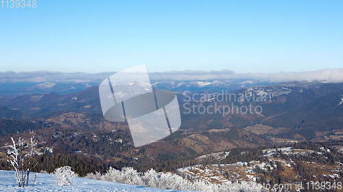 Image of Winter panorama of mountains on a sunny day. Carpathians, Ukraine