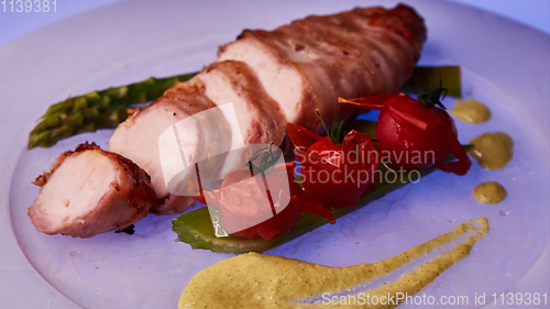 Image of Grilled chicken fillets and vegetables, top view