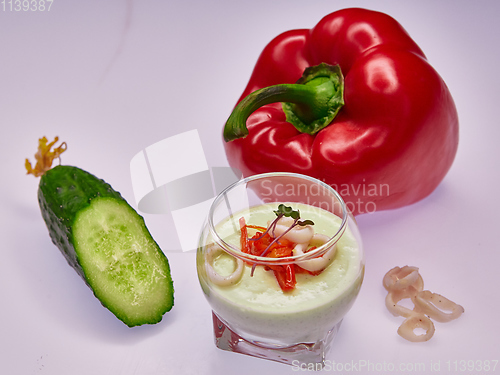 Image of Appetizer in a glass. Puree from squid and vegetables. Healthy food. Top view