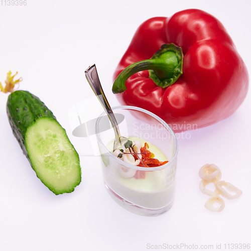 Image of Appetizer in a glass. Puree from squid and vegetables. Healthy food. Top view