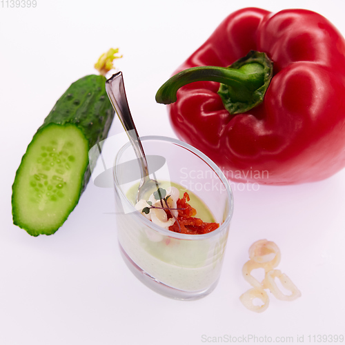 Image of Appetizer in a glass. Puree from squid and vegetables. Healthy food. Top view