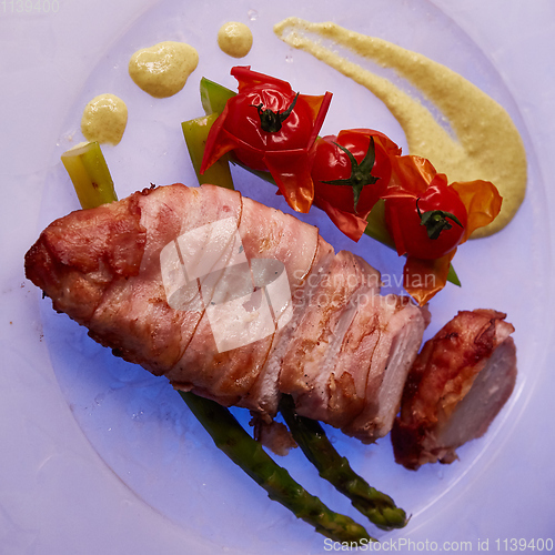 Image of Grilled chicken fillets and vegetables, top view