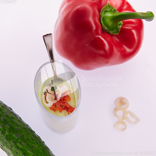 Image of Appetizer in a glass. Puree from squid and vegetables. Healthy food. Top view