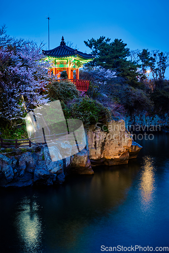 Image of Yongyeon Pond with Yongyeon Pavilion illuminated at night, Jeju islands, South Korea