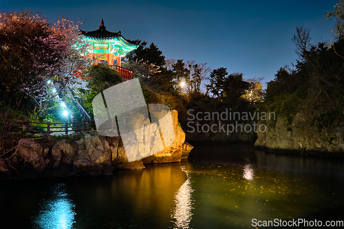 Image of Yongyeon Pond with Yongyeon Pavilion illuminated at night, Jeju islands, South Korea