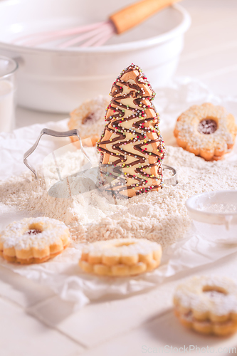 Image of Christmas cookies and gingebread, preparation of homemade cookies