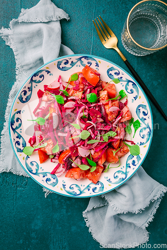 Image of Winter salad - pickled red cabage salad with radish, tomatoes, onion and  winter purslane