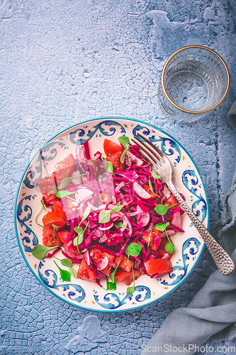 Image of Winter salad - pickled red cabage salad with radish, tomatoes, onion and  winter purslane