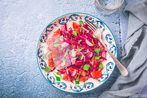 Image of Winter salad - pickled red cabage salad with radish, tomatoes, onion and  winter purslane