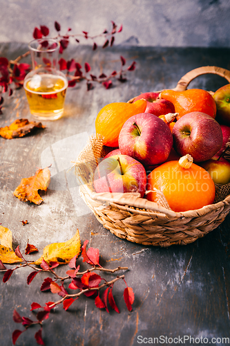 Image of Autumn composition with pumpkins, autumn leaves, red apples and apple cider