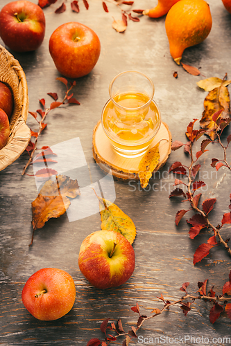 Image of Apple cider - autumn composition with pumpkins, autumn leaves, red apples 