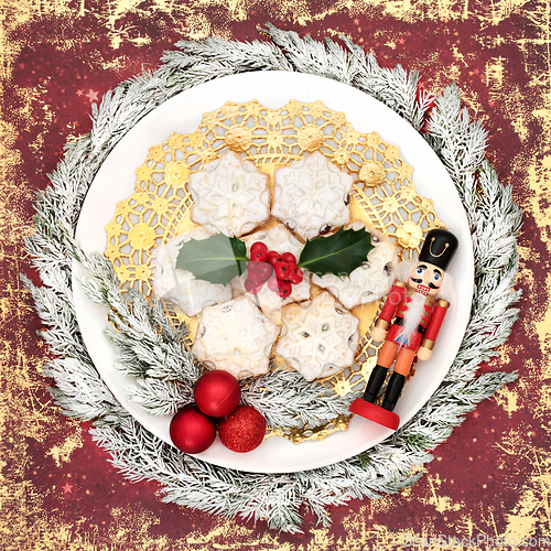 Image of Christmas Mince Pie Background with Flora and Tree Decorations