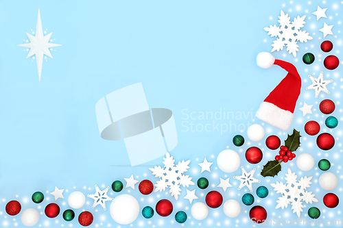 Image of Christmas Snow and Tree Decorations Festive Background Border