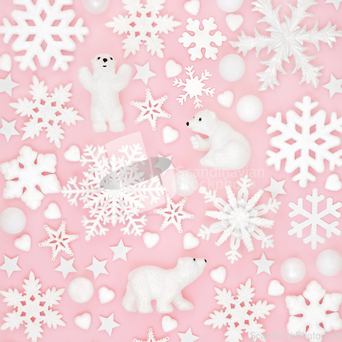 Image of Christmas North Pole Background with Tree Bauble Decorations 