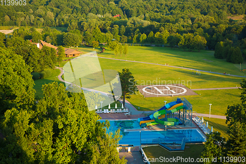 Image of peak helipad under sunset