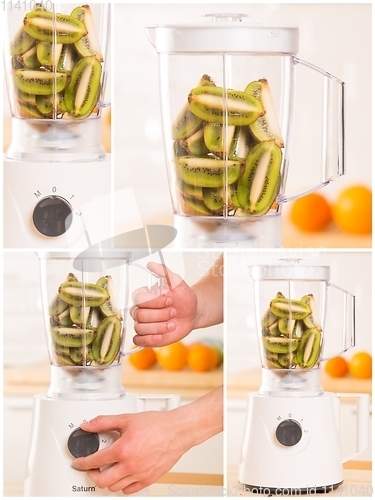 Image of Young man cooking kiwi smoothie in blender