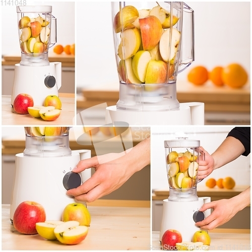 Image of Young man cooking apple smoothie in blender