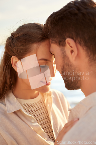 Image of happy couple with closed eyes on summer beach